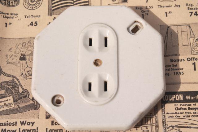 photo of vintage octagonal white ironstone electrical outlet  porcelain receptacles #1