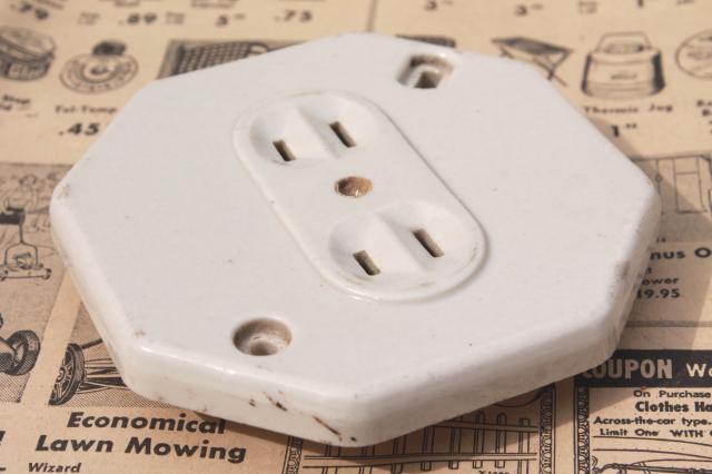 photo of vintage octagonal white ironstone electrical outlet  porcelain receptacles #5