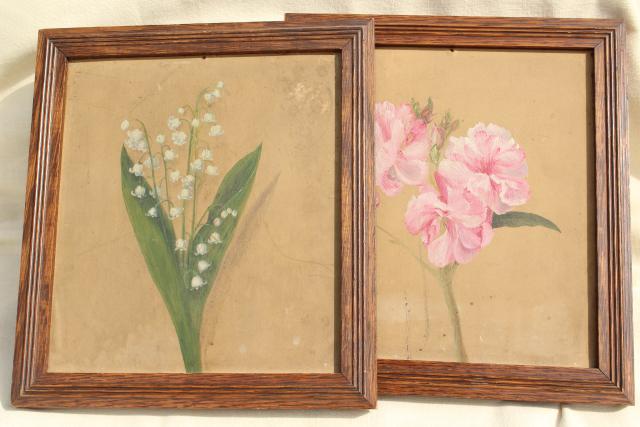 photo of vintage oil paintings, botanical art flowers, painted floral sketches in old oak plank back frames #1