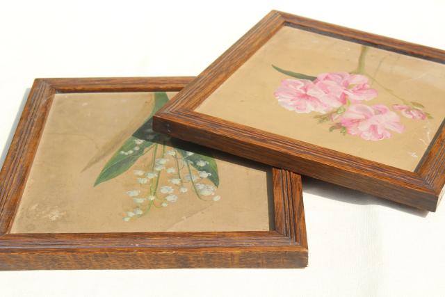 photo of vintage oil paintings, botanical art flowers, painted floral sketches in old oak plank back frames #4