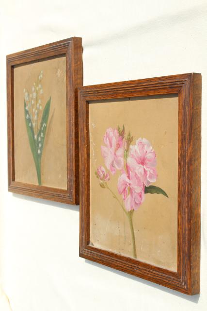 photo of vintage oil paintings, botanical art flowers, painted floral sketches in old oak plank back frames #5