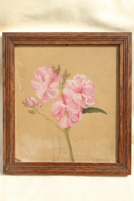 photo of vintage oil paintings, botanical art flowers, painted floral sketches in old oak plank back frames #6