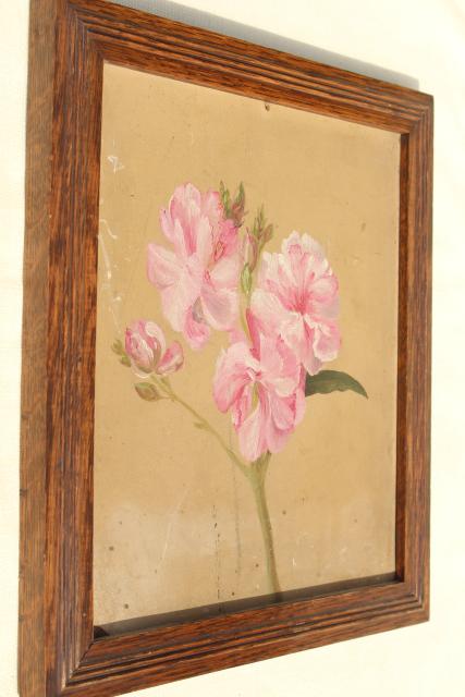 photo of vintage oil paintings, botanical art flowers, painted floral sketches in old oak plank back frames #7