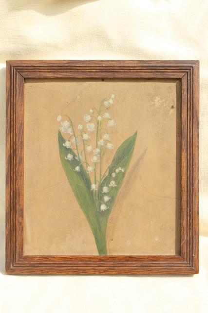 photo of vintage oil paintings, botanical art flowers, painted floral sketches in old oak plank back frames #10