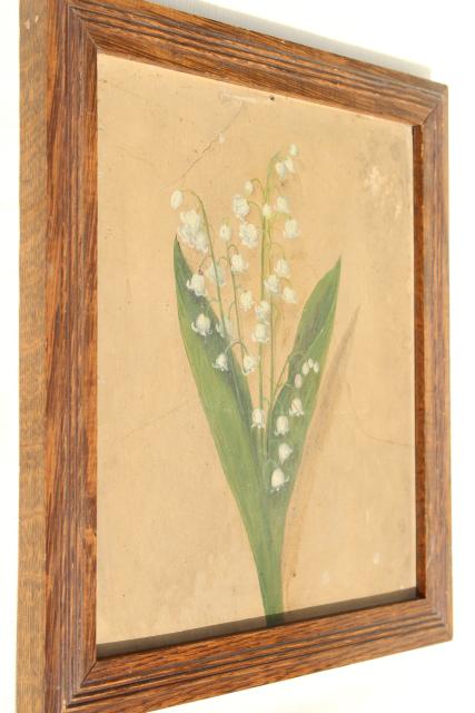 photo of vintage oil paintings, botanical art flowers, painted floral sketches in old oak plank back frames #11