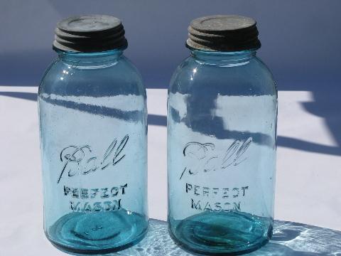 photo of vintage old 2 qt blue Ball Perfect Mason glass canning jars for storage canisters #1