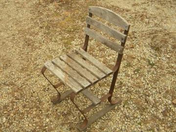 catalog photo of vintage old wood & iron deck or garden patio chair, riveted construction