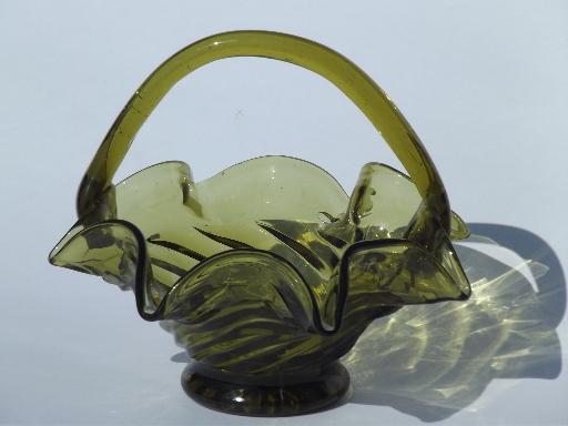 photo of vintage olive green flower basket, swirl shape hand-blown glass basket #1