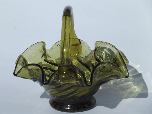 photo of vintage olive green flower basket, swirl shape hand-blown glass basket #2