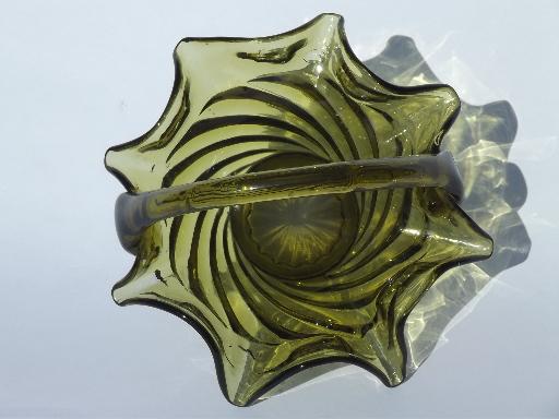 photo of vintage olive green flower basket, swirl shape hand-blown glass basket #3