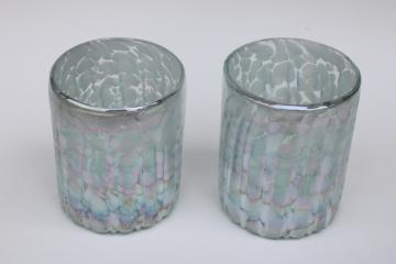 catalog photo of vintage opalescent spatter glass tumblers, hand blown art glass drinking glasses