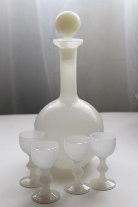 photo of vintage opaline milk glass decanter & glasses, Portieux Vallerysthal white opalescent glass #1