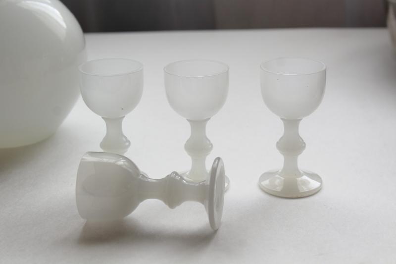 photo of vintage opaline milk glass decanter & glasses, Portieux Vallerysthal white opalescent glass #5
