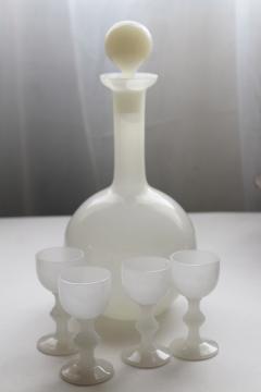 catalog photo of vintage opaline milk glass decanter & glasses, Portieux Vallerysthal white opalescent glass