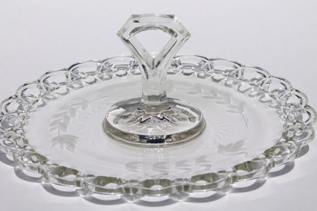 photo of vintage open lace edge glass plate w/ center handle, elegant etched glass sandwich / cake tray #1