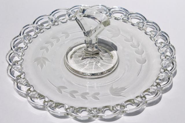 photo of vintage open lace edge glass plate w/ center handle, elegant etched glass sandwich / cake tray #3