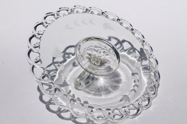 photo of vintage open lace edge glass plate w/ center handle, elegant etched glass sandwich / cake tray #4