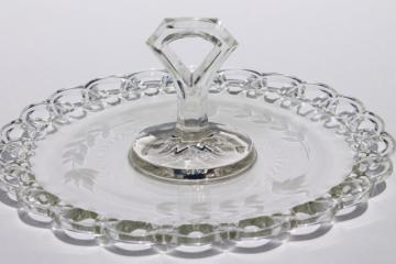 catalog photo of vintage open lace edge glass plate w/ center handle, elegant etched glass sandwich / cake tray