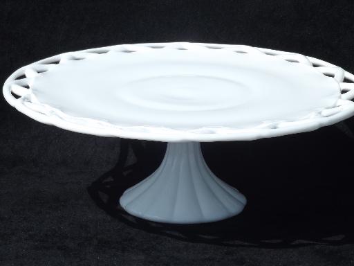 photo of vintage open lace edge milk glass cake stand, footed pedestal plate #1