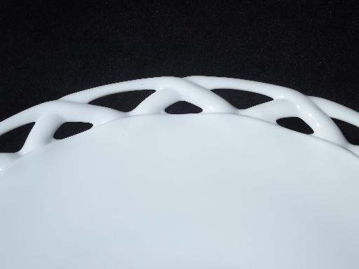 photo of vintage open lace edge milk glass cake stand, footed pedestal plate #5