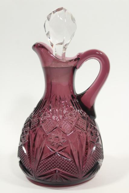 photo of vintage or antique amethyst glass cruet bottle, star and zigag bar pattern pressed glass #2