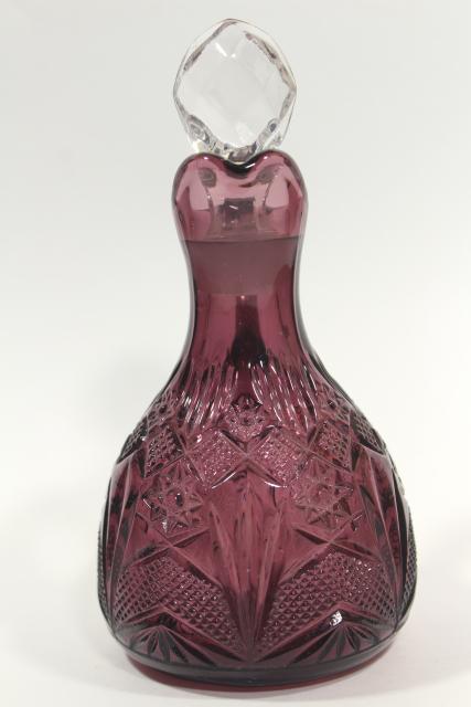 photo of vintage or antique amethyst glass cruet bottle, star and zigag bar pattern pressed glass #5