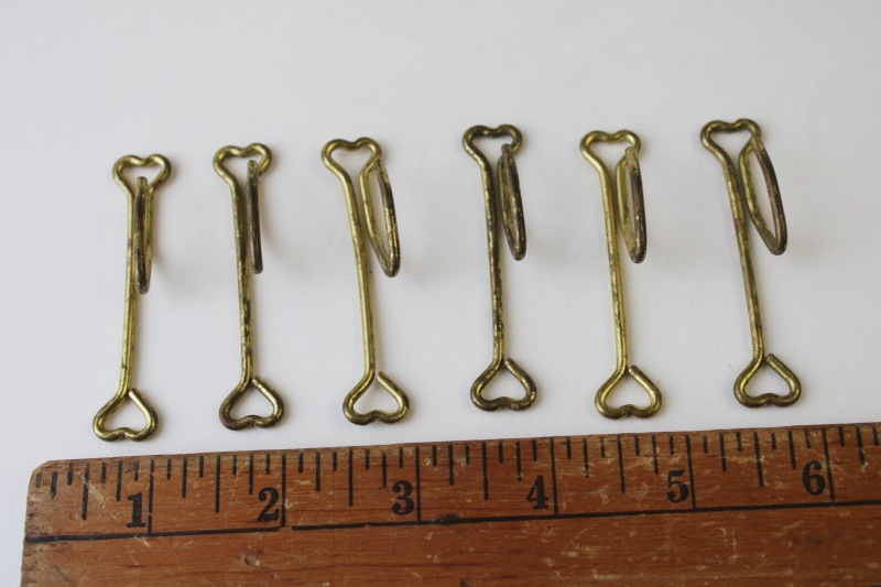photo of vintage or antique curtain hanging drapery hooks w/ tiny hearts, gold tone wire pinch pleat hardware  #3