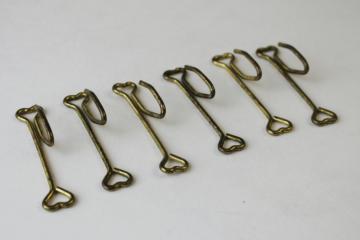 vintage or antique curtain hanging drapery hooks w/ tiny hearts, gold tone wire pinch pleat hardware 