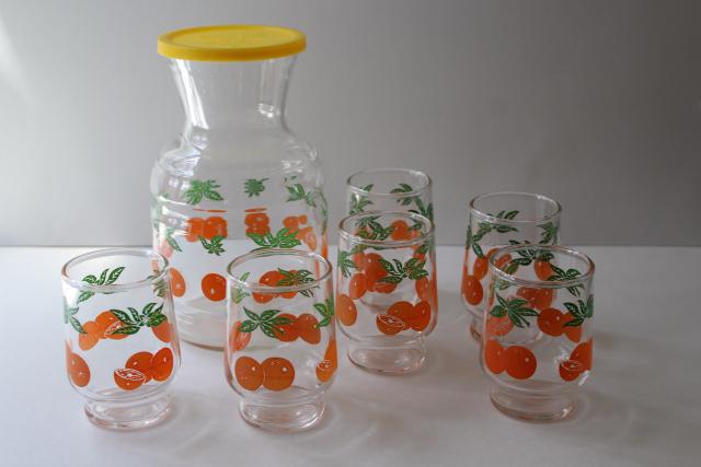 photo of vintage orange juice set, juice glasses & refrigerator bottle w/ oranges print #1