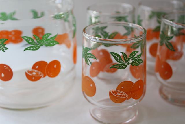 photo of vintage orange juice set, juice glasses & refrigerator bottle w/ oranges print #3