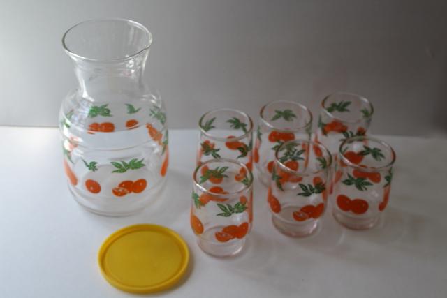 photo of vintage orange juice set, juice glasses & refrigerator bottle w/ oranges print #4