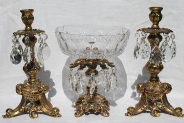 catalog photo of vintage ormolu ornate gold & crystal pedestal bowl & candlesticks w/ glass prisms teardrops