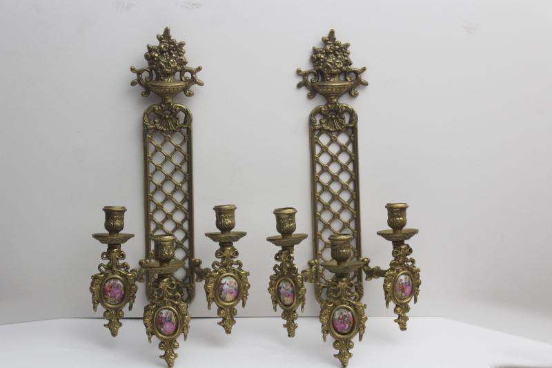 photo of vintage ornate brass candle sconces w/ china cameo pictures, romantic french country scenes #1