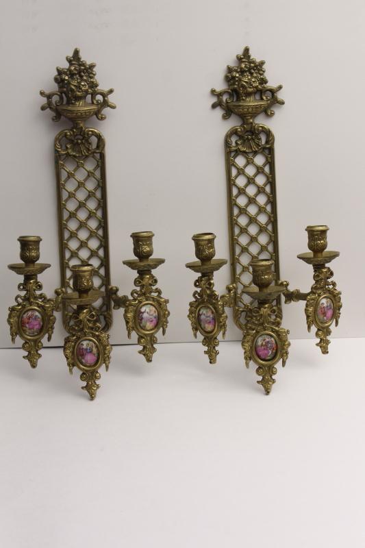 photo of vintage ornate brass candle sconces w/ china cameo pictures, romantic french country scenes #8