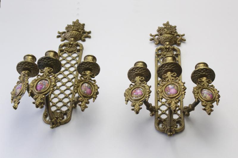 photo of vintage ornate brass candle sconces w/ china cameo pictures, romantic french country scenes #16