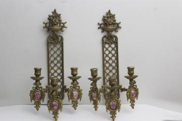 catalog photo of vintage ornate brass candle sconces w/ china cameo pictures, romantic french country scenes