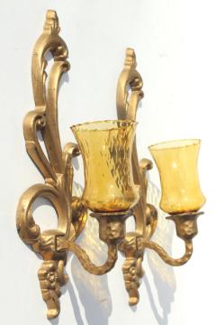 catalog photo of vintage ornate gold metal candle sconces w/ amber glass candle holder shades