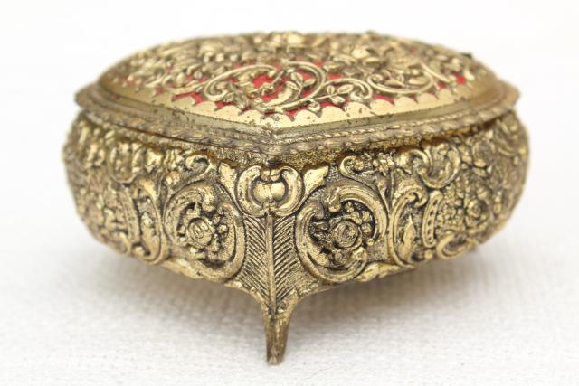 photo of vintage ornate gold metal filigree heart shaped trinket box w/ wind-up music box #3