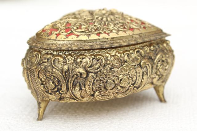 photo of vintage ornate gold metal filigree heart shaped trinket box w/ wind-up music box #4