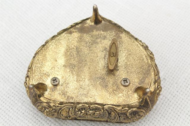 photo of vintage ornate gold metal filigree heart shaped trinket box w/ wind-up music box #8