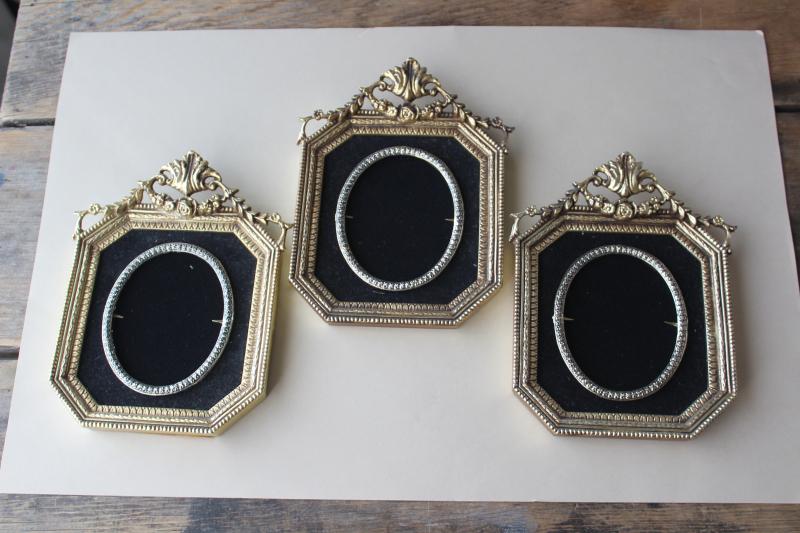photo of vintage ornate gold plastic / black velvet frames, picture frame trio for photos or prints #6