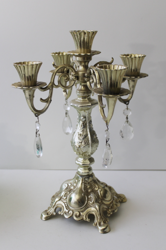 photo of vintage ornate gold plastic candelabra candle holder w/ glass teardrop prisms #1