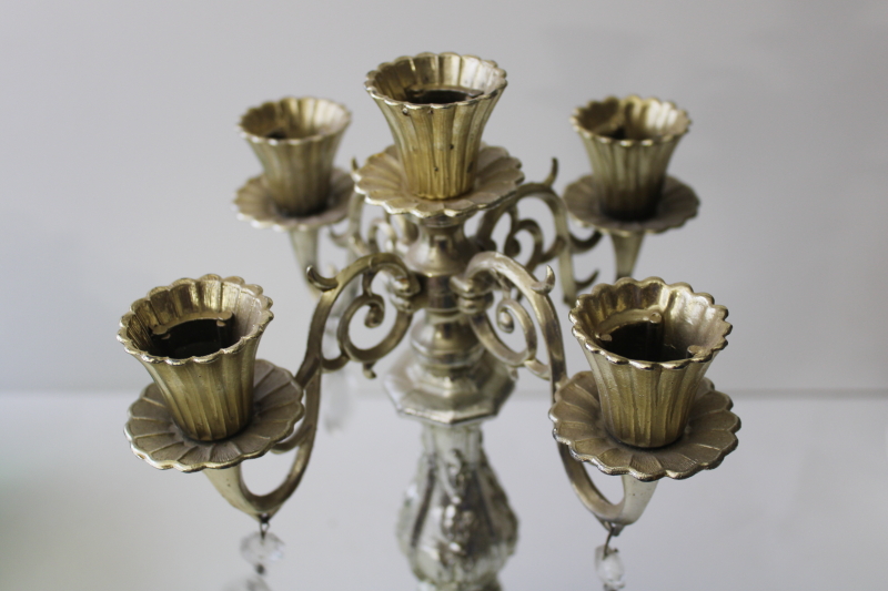 photo of vintage ornate gold plastic candelabra candle holder w/ glass teardrop prisms #3