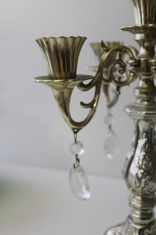 photo of vintage ornate gold plastic candelabra candle holder w/ glass teardrop prisms #5