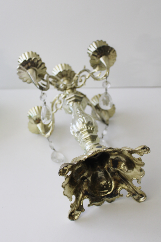 photo of vintage ornate gold plastic candelabra candle holder w/ glass teardrop prisms #6