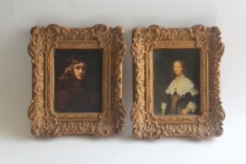 catalog photo of vintage ornate gold wood frames w/ Dutch old masters prints, Rembrandt lady & gentleman 