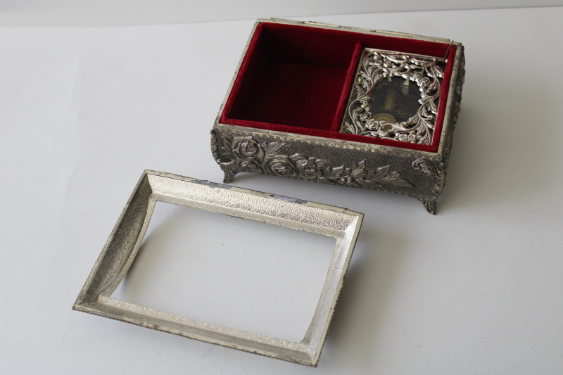 photo of vintage ornate metal jewelry box w/ Swiss music movement, cover made for needlework or picture #2