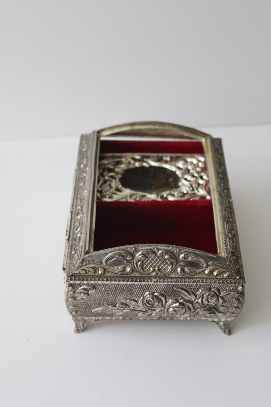 photo of vintage ornate metal jewelry box w/ Swiss music movement, cover made for needlework or picture #6