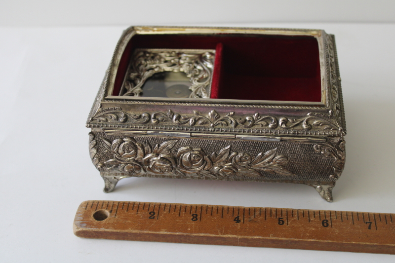 photo of vintage ornate metal jewelry box w/ Swiss music movement, cover made for needlework or picture #7