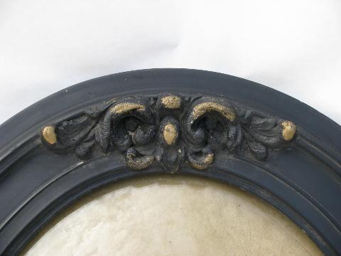 photo of vintage oval convex bubble curved glass in antique wood w/ ornate gesso frame, black #2